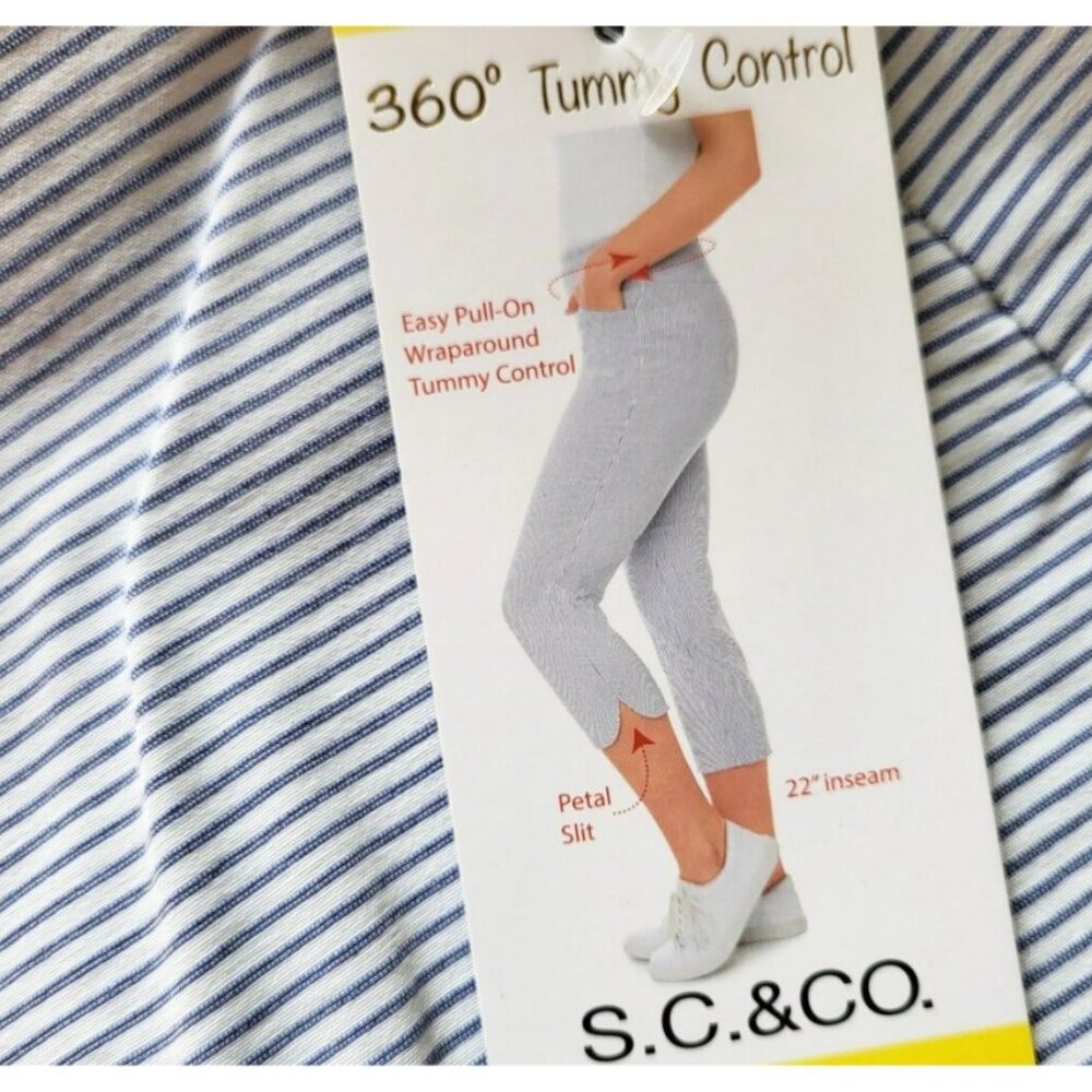 S.C. & Co. Womens Tummy Control Capri Pants Blue White Stripe 10